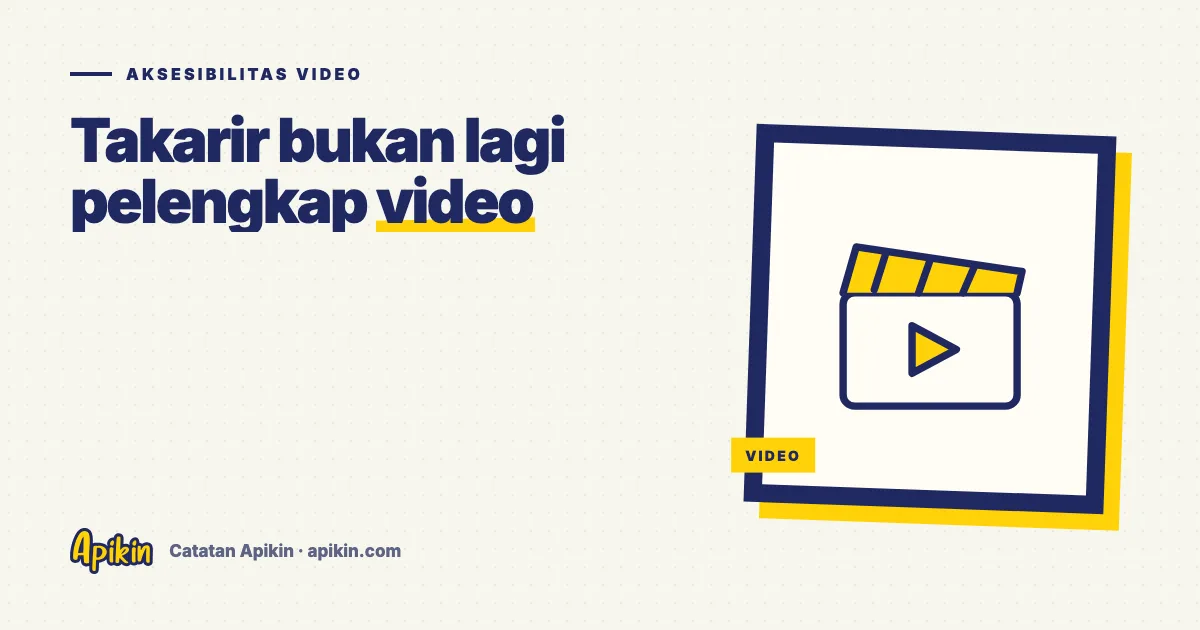 Ilustrasi tipografi bertema aksesibilitas video, dengan ikon layar berteks takarir dan simbol tangan bahasa isyarat