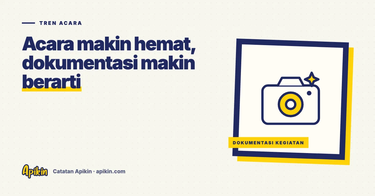 Ilustrasi tipografi tentang tren industri acara, dengan ikon panggung, kursi peserta, dan layar siaran langsung