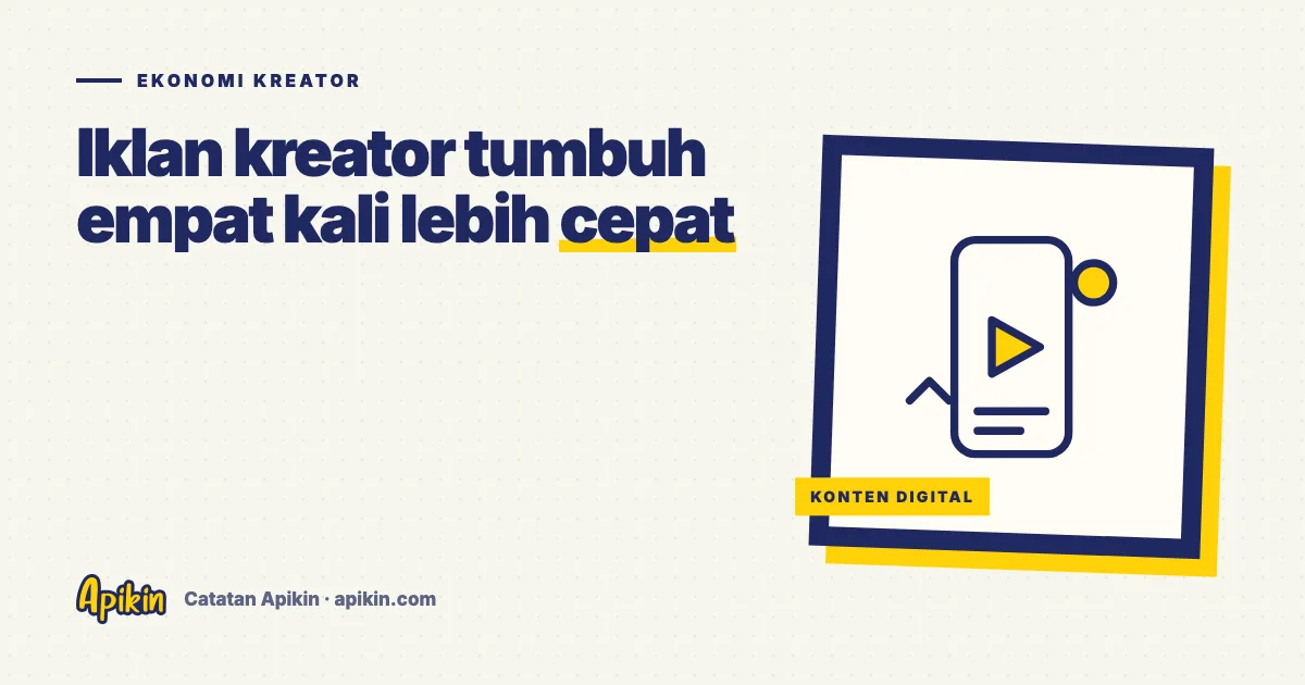 Ilustrasi tipografi bertuliskan Ekonomi Kreator dengan grafik batang naik dan ikon kamera ponsel