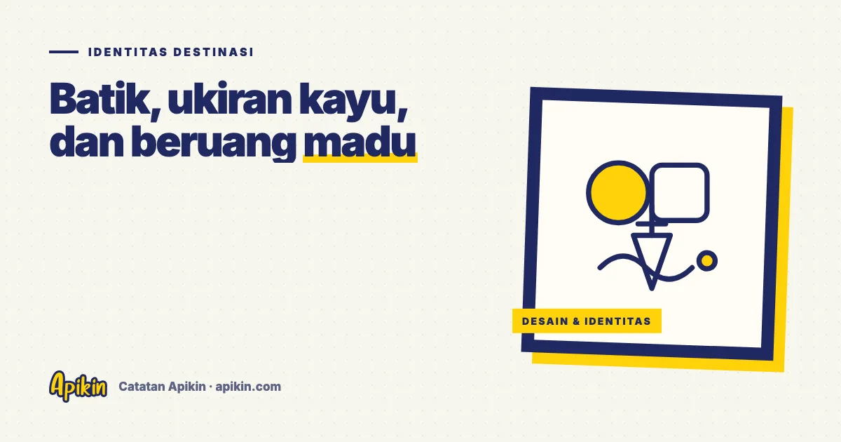 Ilustrasi tipografis bertuliskan Identitas Destinasi dengan pola batik abstrak, siluet bunga raya, dan bentuk pesawat sederhana