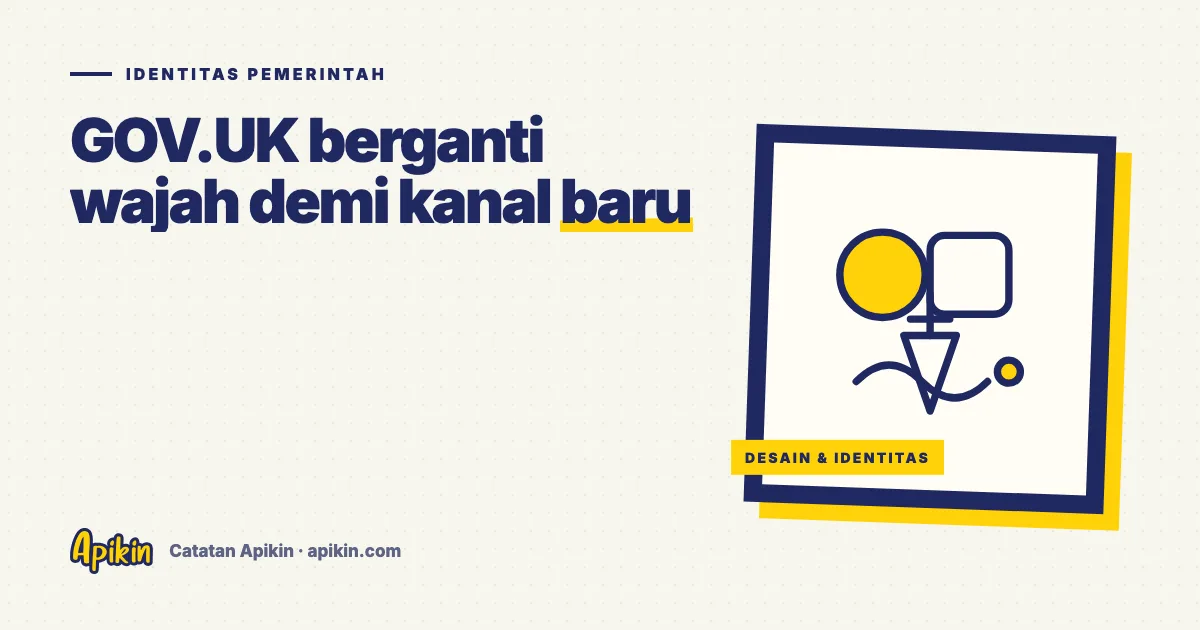 Ilustrasi tipografis bertuliskan Identitas Pemerintah dengan blok biru dan titik biru muda, menggambarkan pembaruan logo kata layanan publik