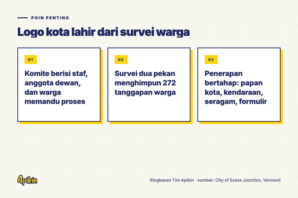 Ringkasan poin penting: Komite berisi staf, anggota dewan, dan warga memandu proses; Survei dua pekan menghimpun 272 tanggapan warga; Penerapan bertahap: papan kota, kendaraan, seragam, formulir