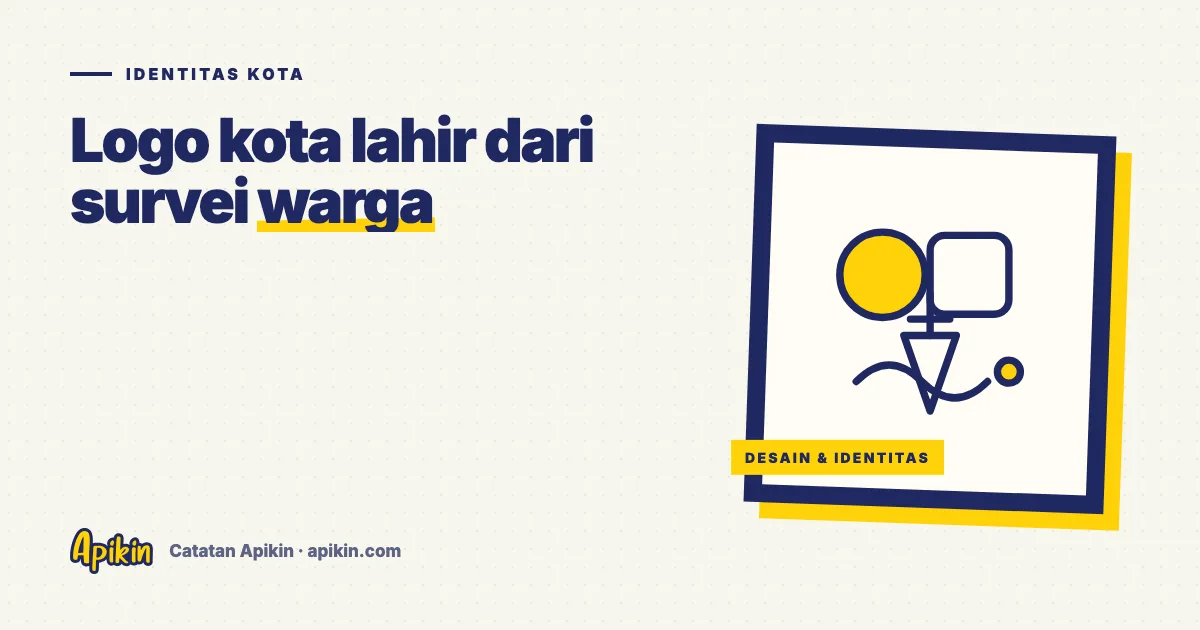 Ilustrasi tipografis bertuliskan Identitas Kota dengan bentuk abstrak lima jalan yang bersilangan dan siluet papan nama kota