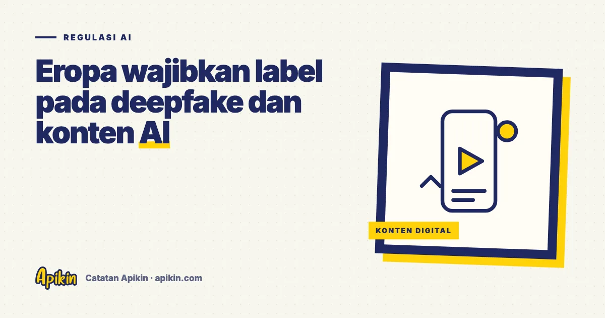 Ilustrasi tipografi bertuliskan Regulasi AI dengan simbol lingkaran bintang dan ikon label pada bingkai gambar