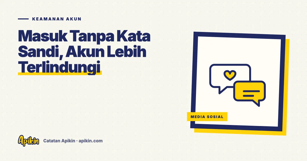 Ilustrasi tipografis bertuliskan Masuk Tanpa Kata Sandi, Akun Lebih Terlindungi dengan ikon gembok dan sidik jari