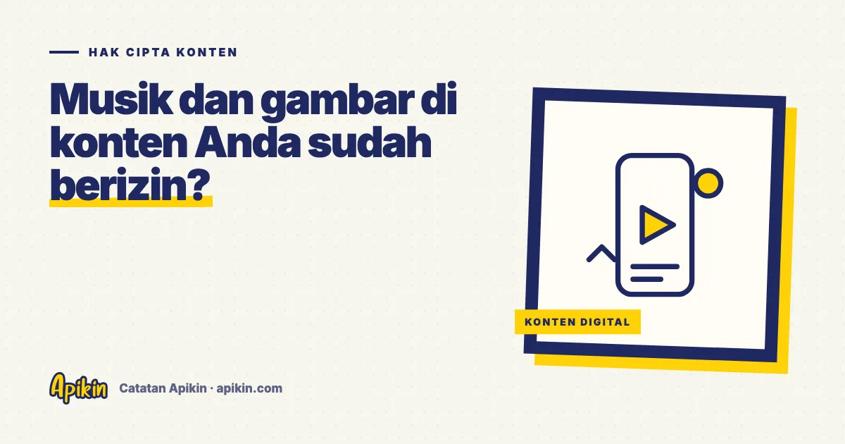 Ilustrasi tipografi bertuliskan Hak Cipta Konten dengan ikon not musik, bingkai gambar, dan simbol hak cipta