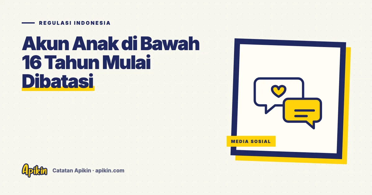 Ilustrasi tipografis bertuliskan Akun Anak di Bawah 16 Tahun Mulai Dibatasi dengan ikon perisai dan ponsel
